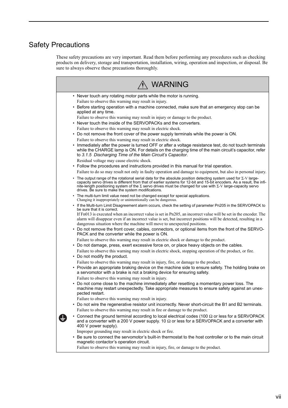 Safety precautions, Warning | Yaskawa Sigma-5 Large Capacity Users Manual: Design and Maintenance-Rotary Motors-Analog Voltage and Pulse Train Reference User Manual | Page 7 / 434