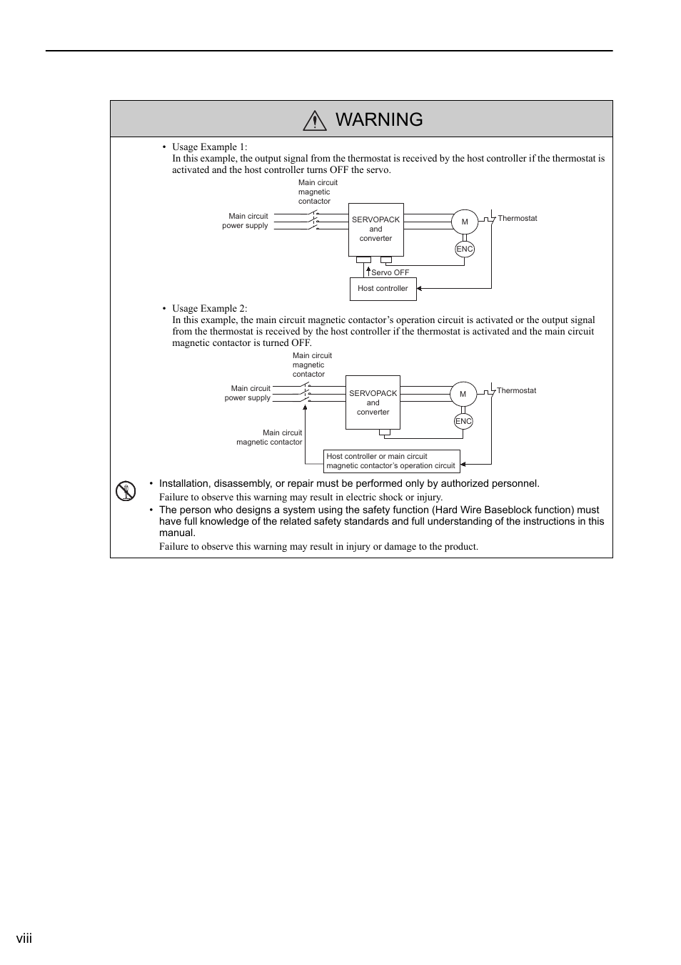 Warning, Viii | Yaskawa Sigma-5 Large Capacity Users Manual: Design and Maintenance-Rotary Motors-Analog Voltage and Pulse Train Reference User Manual | Page 8 / 434