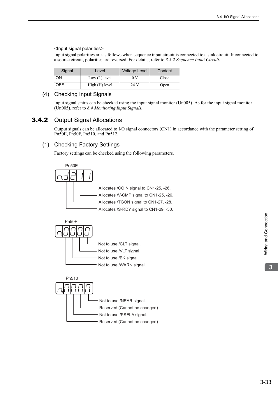 2 output signal allocations, 4) checking input signals, 1) checking factory settings | Analog | Yaskawa Sigma-5 Large Capacity Users Manual: Design and Maintenance-Rotary Motors-Analog Voltage and Pulse Train Reference User Manual | Page 81 / 434