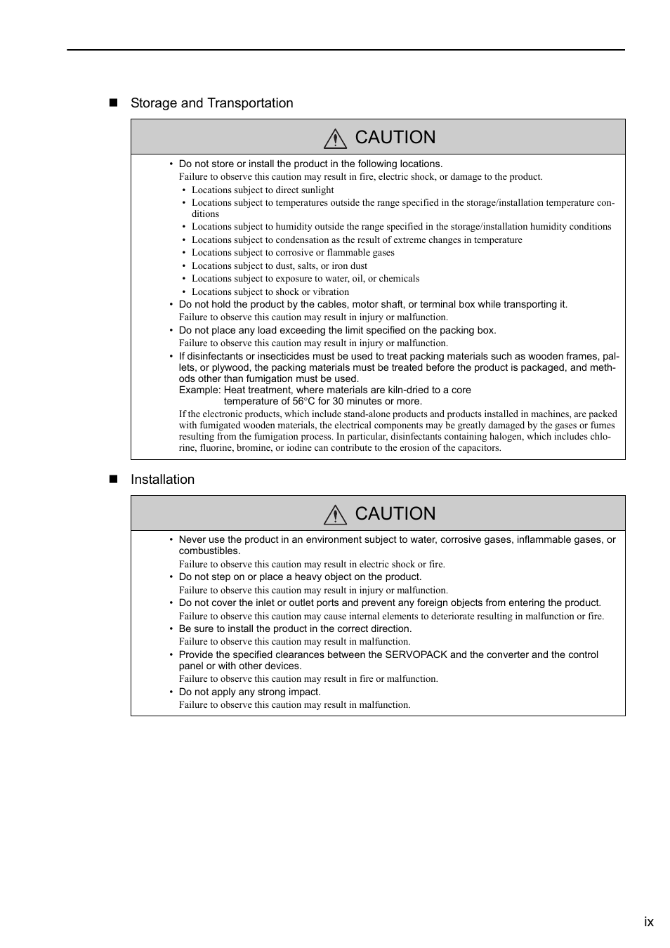 Caution, Ix storage and transportation installation | Yaskawa Sigma-5 Large Capacity Users Manual: Design and Maintenance-Rotary Motors-Analog Voltage and Pulse Train Reference User Manual | Page 9 / 434