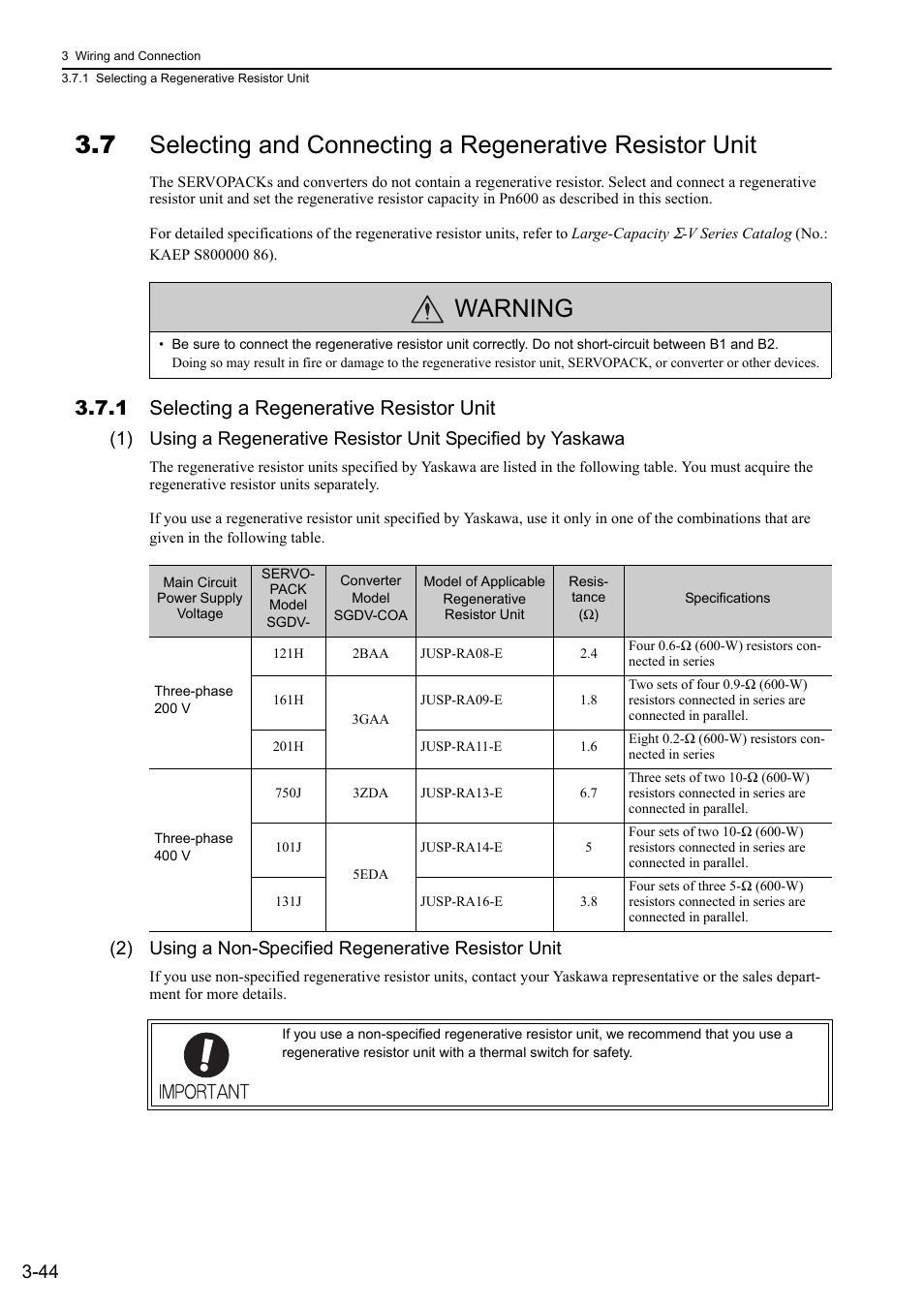 1 selecting a regenerative resistor unit, Warning | Yaskawa Sigma-5 Large Capacity Users Manual: Design and Maintenance-Rotary Motors-Analog Voltage and Pulse Train Reference User Manual | Page 92 / 434