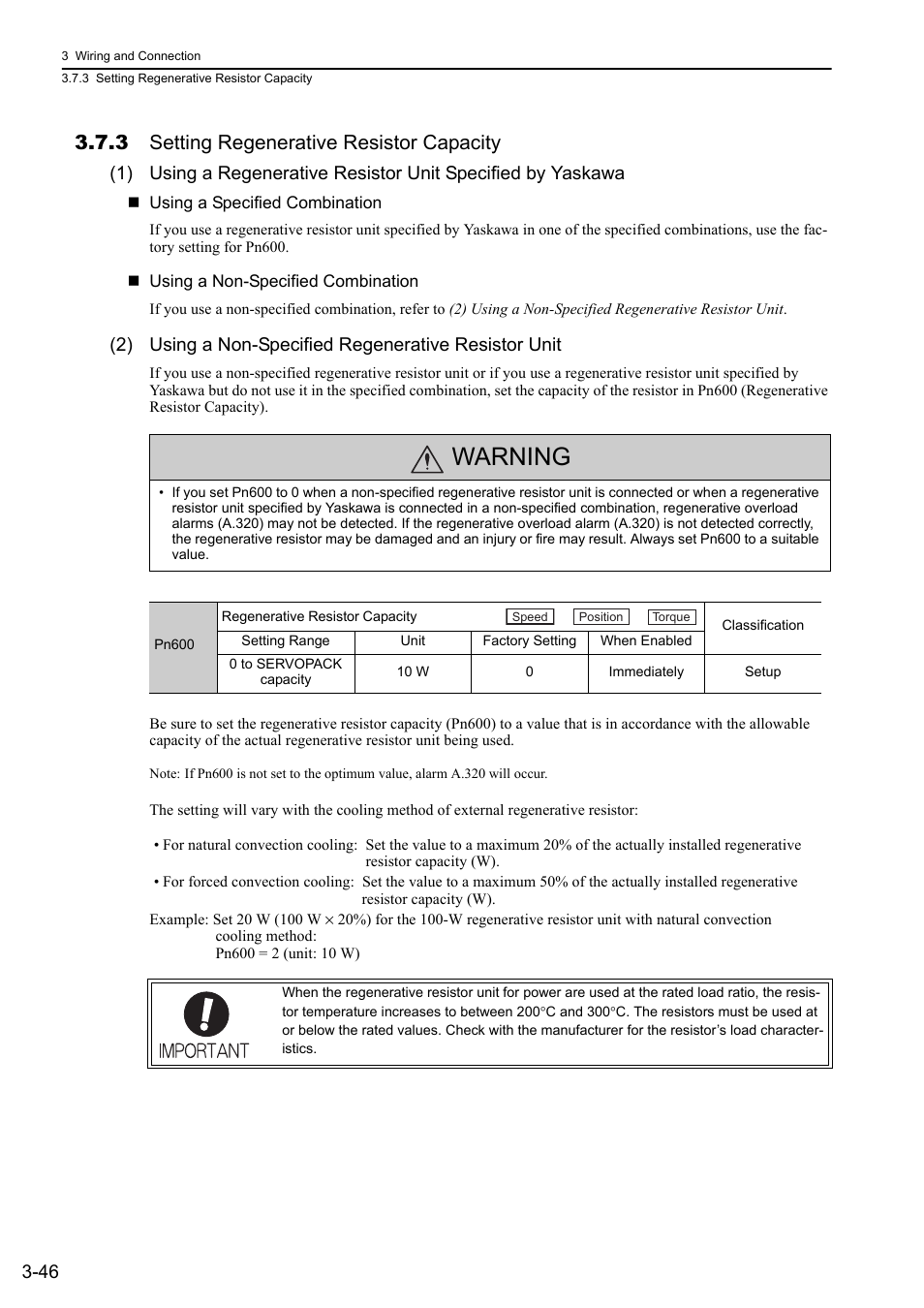 3 setting regenerative resistor capacity, Warning | Yaskawa Sigma-5 Large Capacity Users Manual: Design and Maintenance-Rotary Motors-Analog Voltage and Pulse Train Reference User Manual | Page 94 / 434
