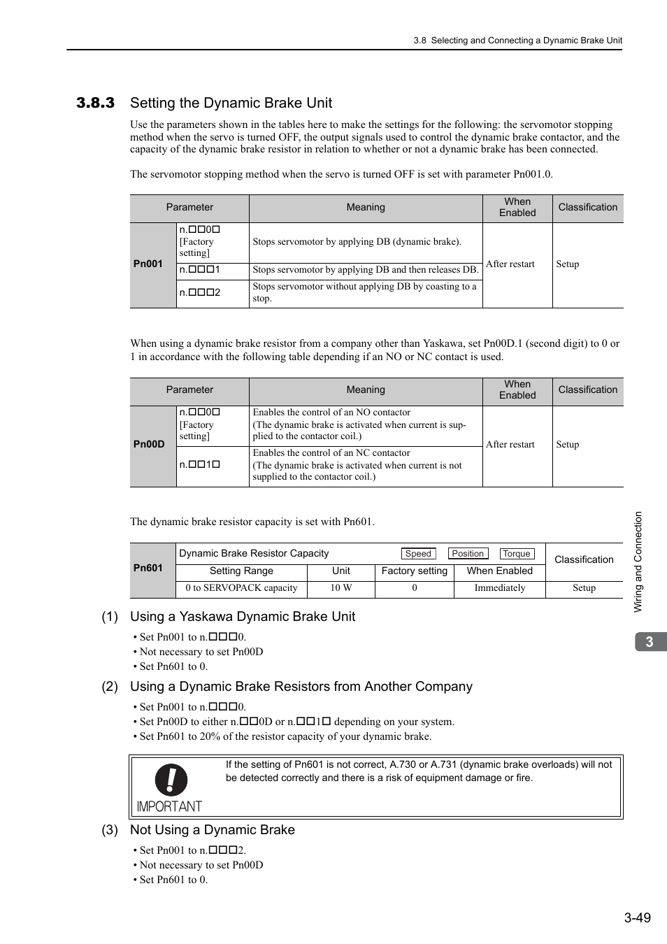 3 setting the dynamic brake unit, 1) using a yaskawa dynamic brake unit, 3) not using a dynamic brake | Yaskawa Sigma-5 Large Capacity Users Manual: Design and Maintenance-Rotary Motors-Analog Voltage and Pulse Train Reference User Manual | Page 97 / 434