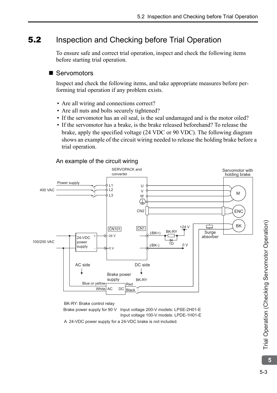 2 inspection and checking before trial operation, Servomotors, Trial operation (checking servomotor operation) | Yaskawa Sigma-5 Series User Manual:: For Use with Large-Capacity Models-Setup. Rotary Motors User Manual | Page 100 / 114