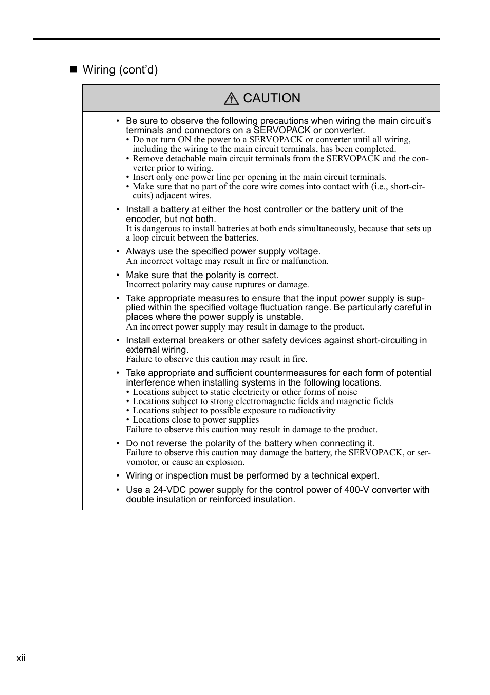 Caution, Wiring (cont’d) | Yaskawa Sigma-5 Series User Manual:: For Use with Large-Capacity Models-Setup. Rotary Motors User Manual | Page 12 / 114