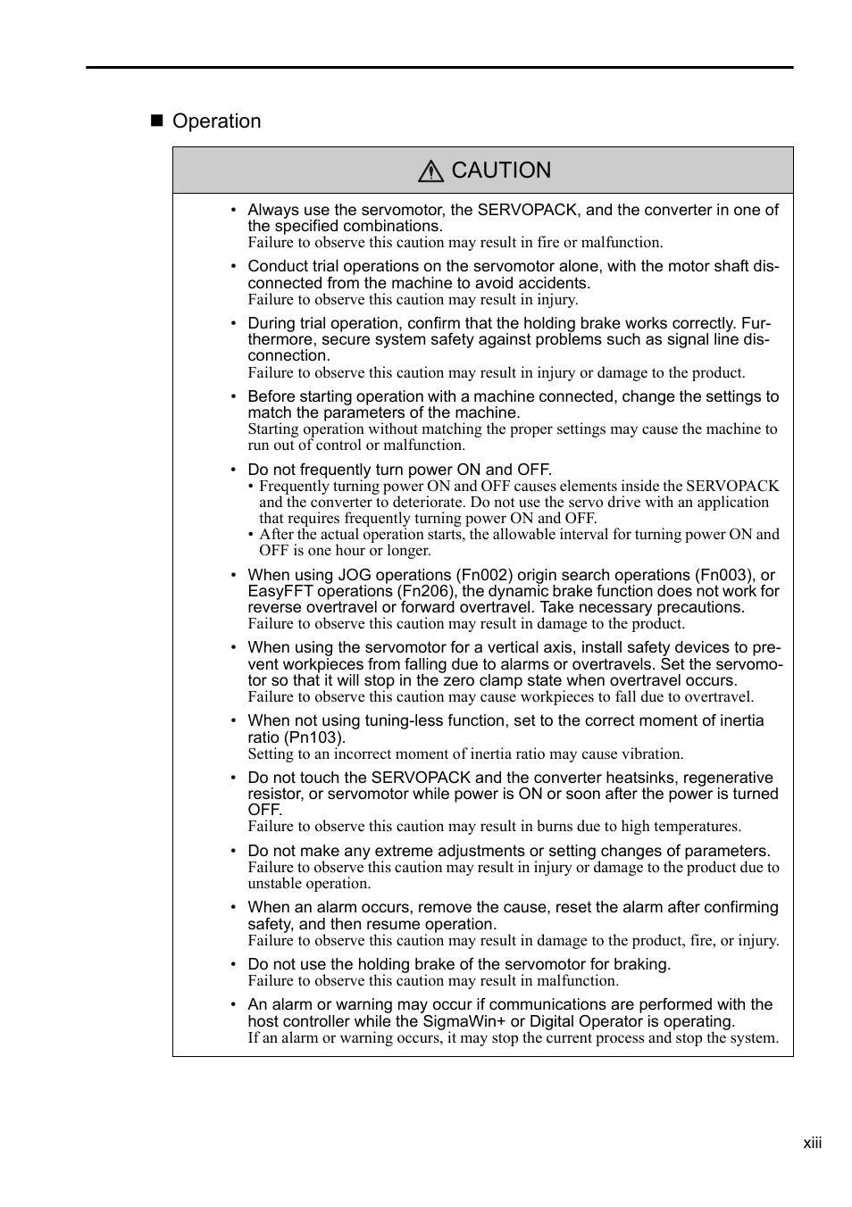 Caution, Operation | Yaskawa Sigma-5 Series User Manual:: For Use with Large-Capacity Models-Setup. Rotary Motors User Manual | Page 13 / 114