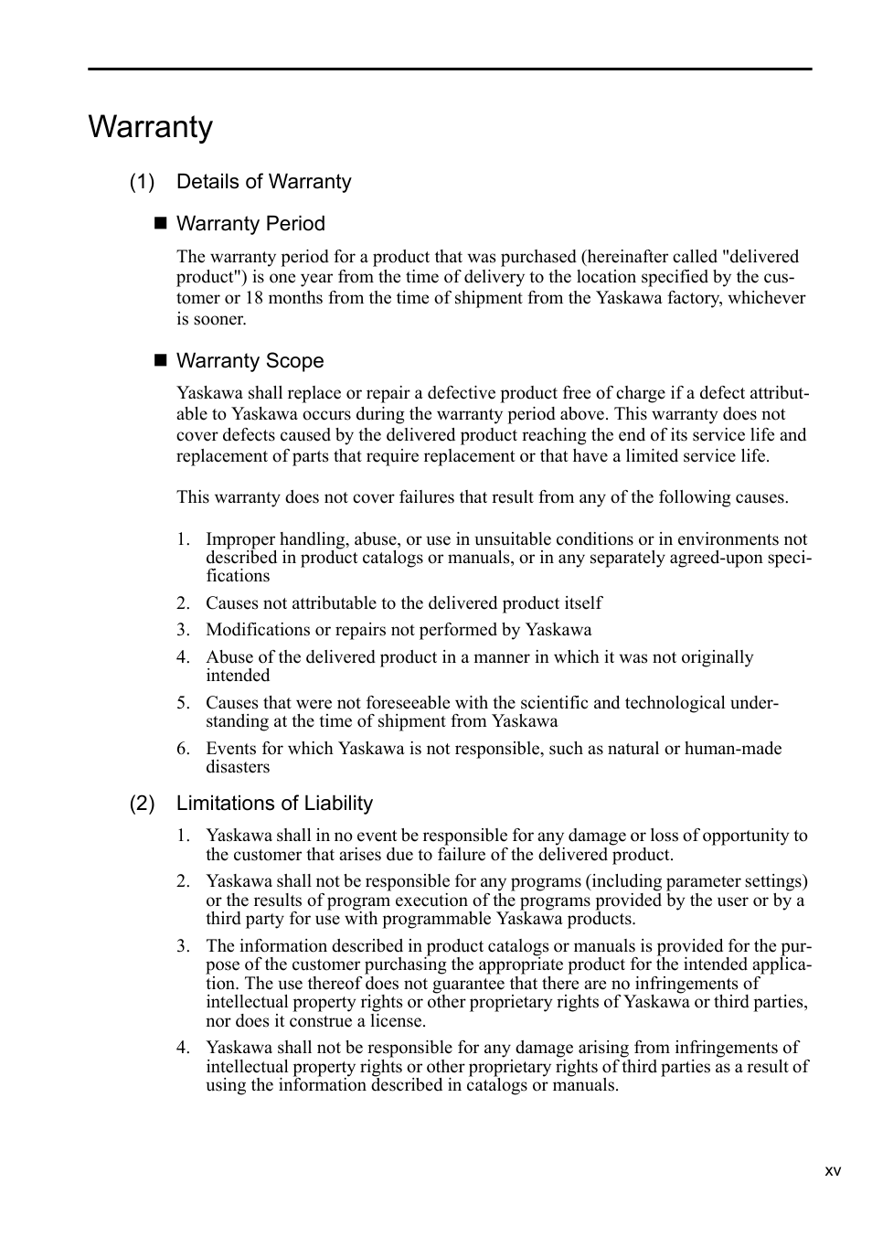 Warranty | Yaskawa Sigma-5 Series User Manual:: For Use with Large-Capacity Models-Setup. Rotary Motors User Manual | Page 15 / 114