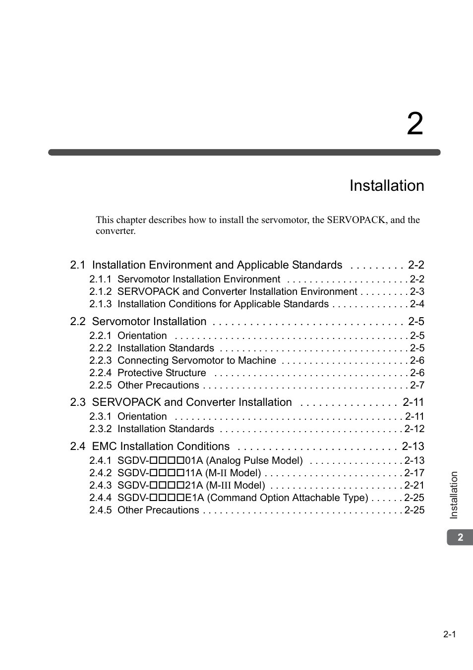 2 installation, Installation | Yaskawa Sigma-5 Series User Manual:: For Use with Large-Capacity Models-Setup. Rotary Motors User Manual | Page 23 / 114