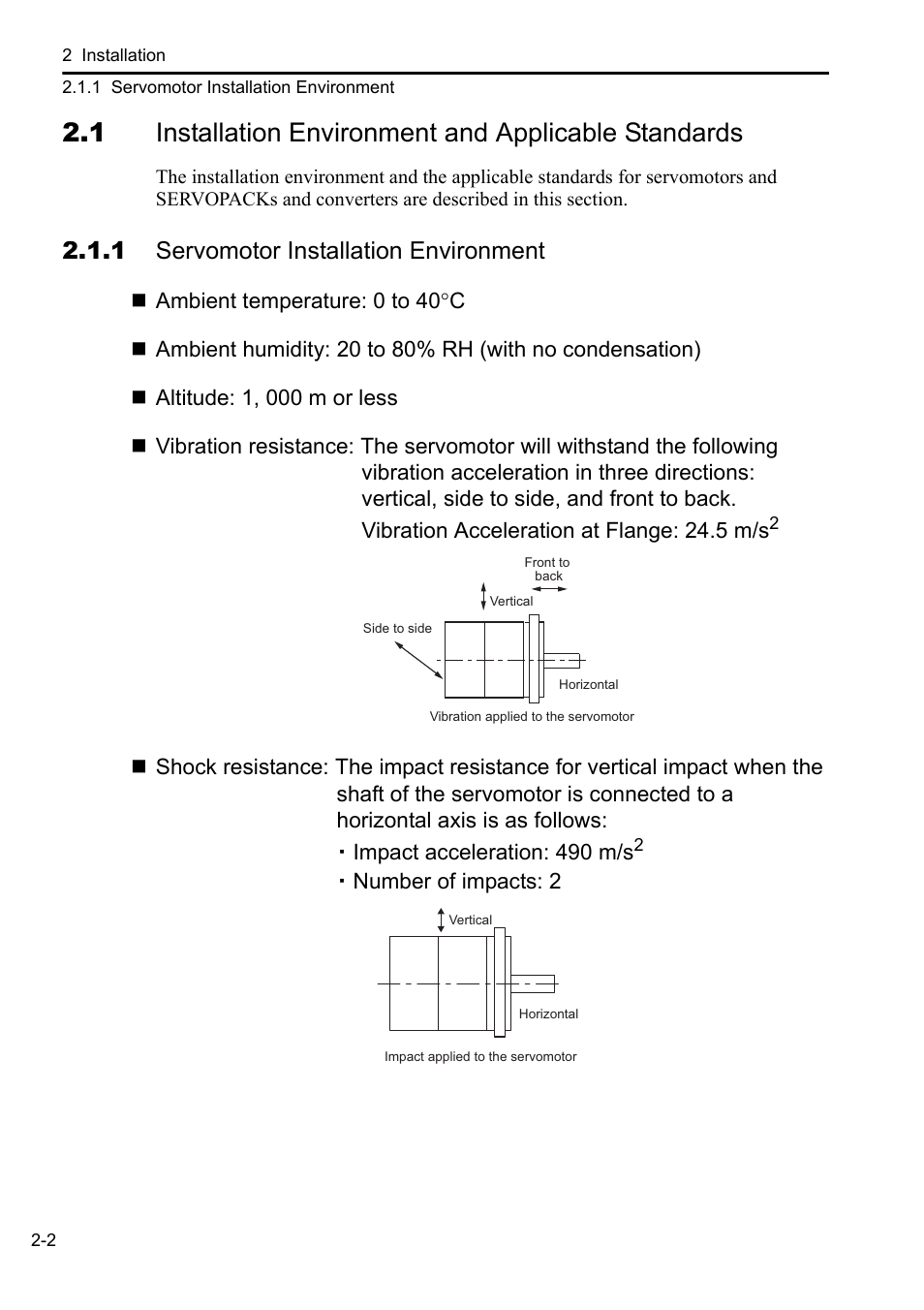 1 servomotor installation environment | Yaskawa Sigma-5 Series User Manual:: For Use with Large-Capacity Models-Setup. Rotary Motors User Manual | Page 24 / 114