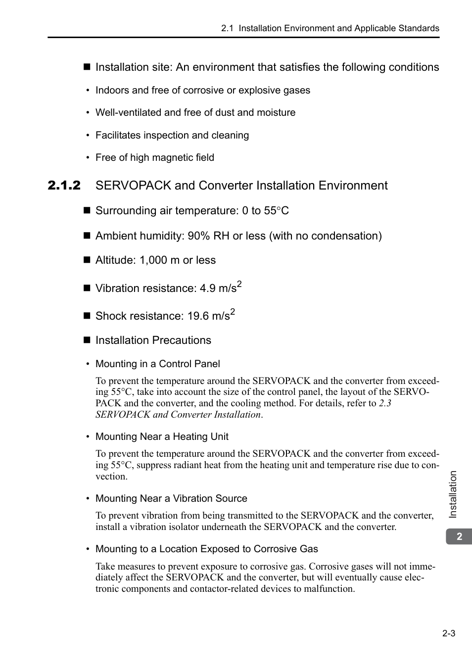 2 servopack and converter installation environment | Yaskawa Sigma-5 Series User Manual:: For Use with Large-Capacity Models-Setup. Rotary Motors User Manual | Page 25 / 114