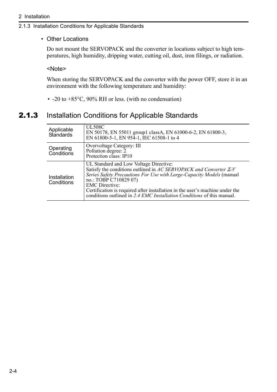 3 installation conditions for applicable standards | Yaskawa Sigma-5 Series User Manual:: For Use with Large-Capacity Models-Setup. Rotary Motors User Manual | Page 26 / 114