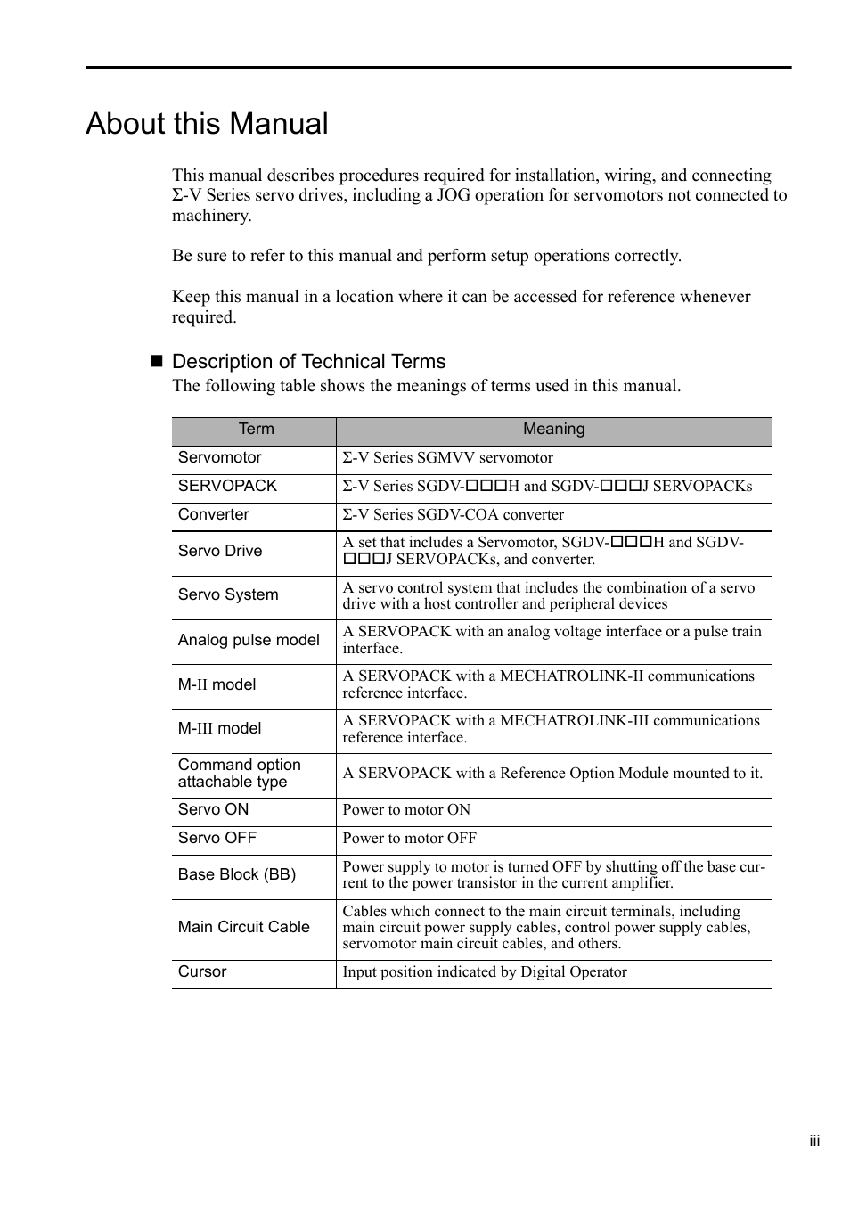 About this manual | Yaskawa Sigma-5 Series User Manual:: For Use with Large-Capacity Models-Setup. Rotary Motors User Manual | Page 3 / 114