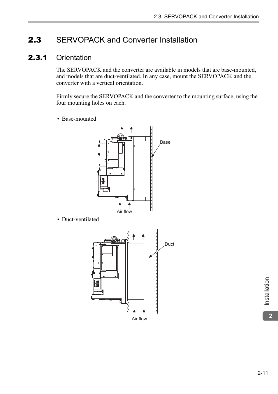 3 servopack and converter installation, 1 orientation | Yaskawa Sigma-5 Series User Manual:: For Use with Large-Capacity Models-Setup. Rotary Motors User Manual | Page 33 / 114
