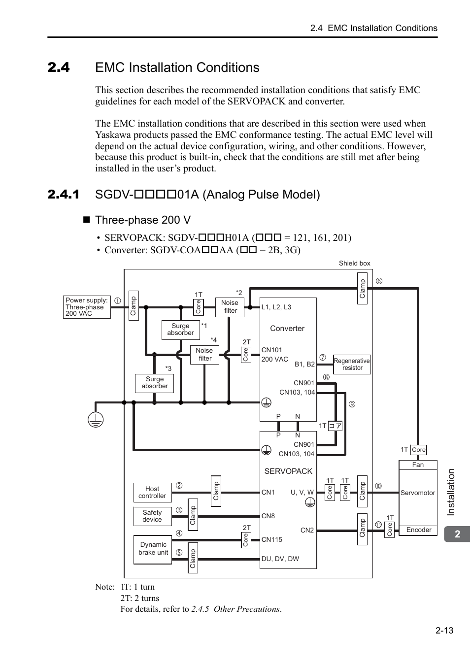4 emc installation conditions, 1 sgdv-****01a (analog pulse model), 1 sgdv-01a (analog pulse model) | Three-phase 200 v, Installation, 4 emc installation conditions 2-13 | Yaskawa Sigma-5 Series User Manual:: For Use with Large-Capacity Models-Setup. Rotary Motors User Manual | Page 35 / 114
