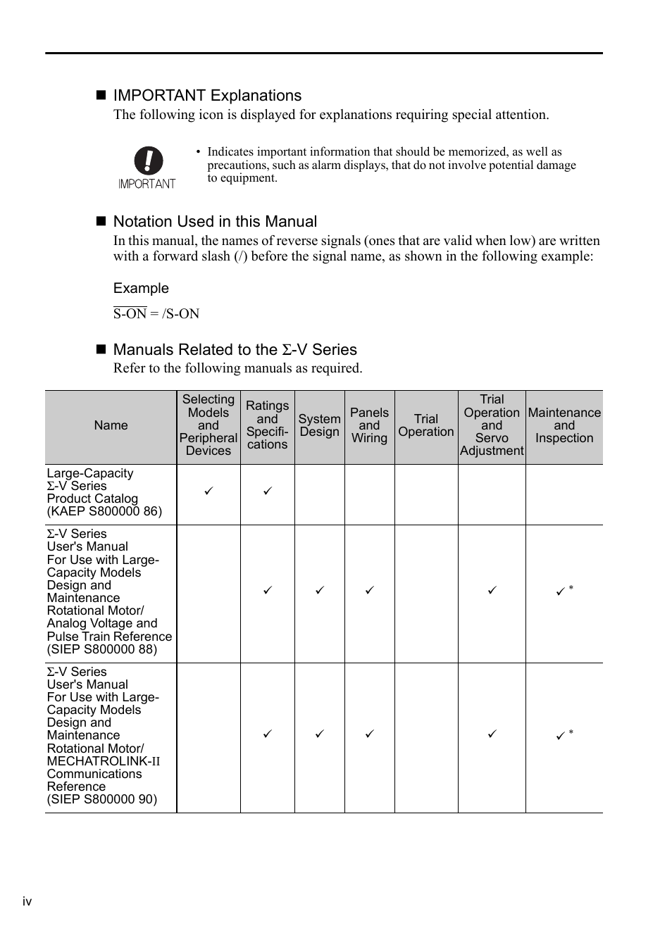 Important explanations, Notation used in this manual, Manuals related to the σ-v series | Yaskawa Sigma-5 Series User Manual:: For Use with Large-Capacity Models-Setup. Rotary Motors User Manual | Page 4 / 114