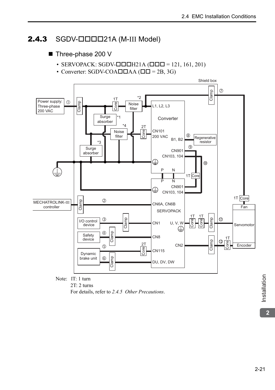 3 sgdv-****21a (m-iii model), 3 sgdv-21a (m-iii model), Three-phase 200 v | Installation, 4 emc installation conditions 2-21 | Yaskawa Sigma-5 Series User Manual:: For Use with Large-Capacity Models-Setup. Rotary Motors User Manual | Page 43 / 114