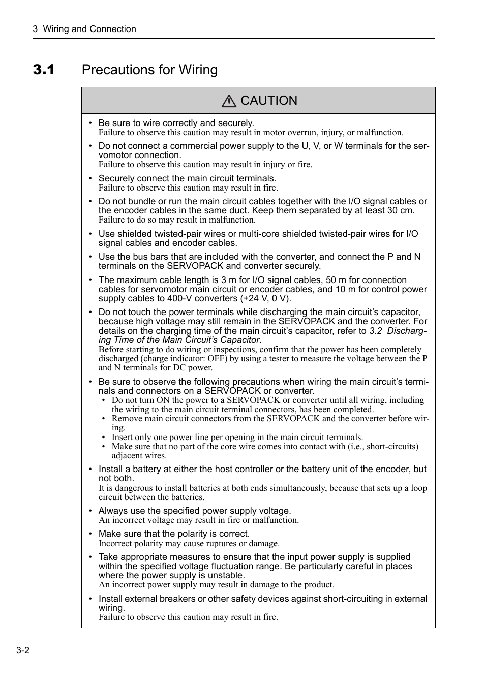 1 precautions for wiring, Caution | Yaskawa Sigma-5 Series User Manual:: For Use with Large-Capacity Models-Setup. Rotary Motors User Manual | Page 50 / 114