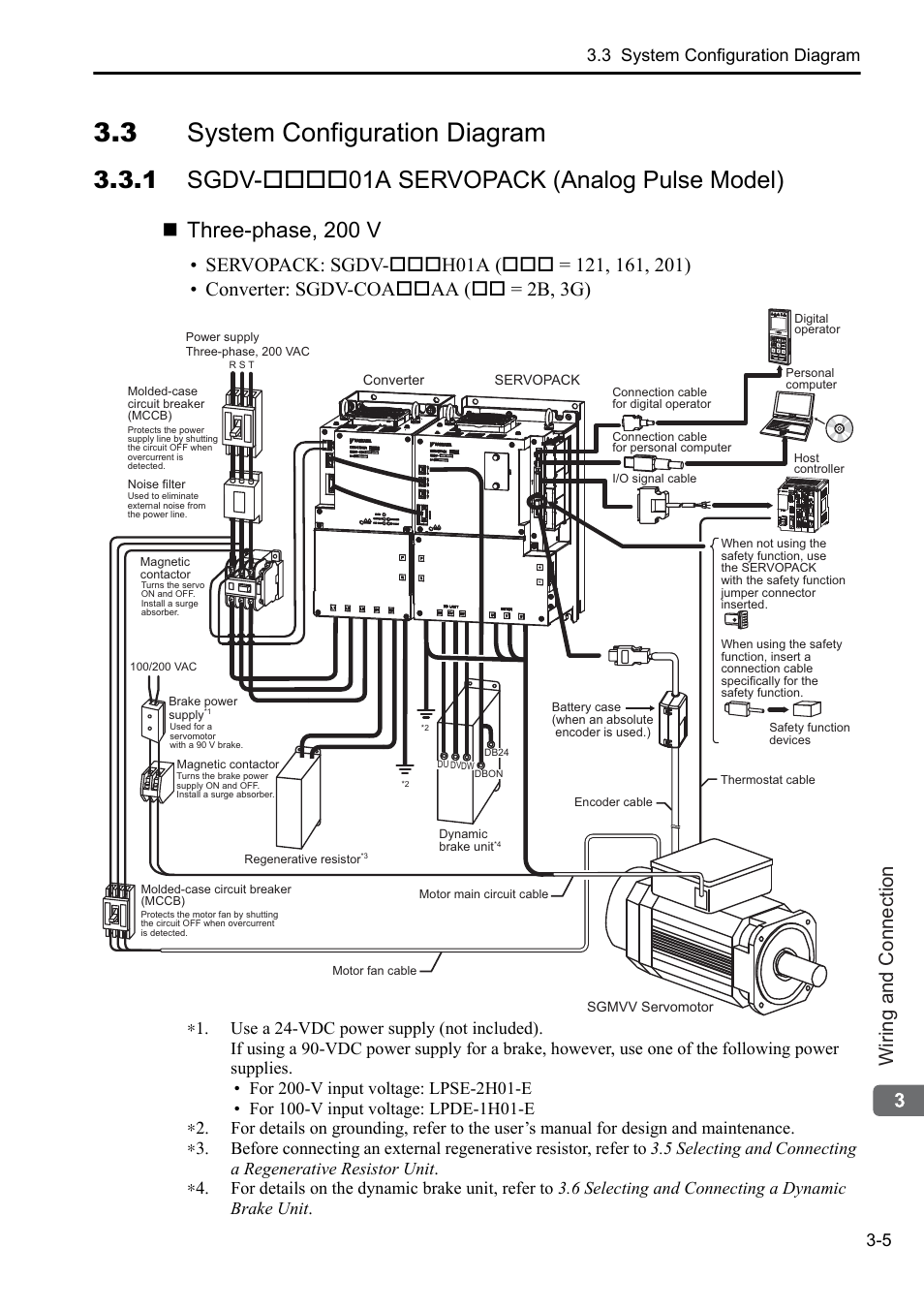 3 system configuration diagram, 1 sgdv-****01a servopack (analog pulse model), 1 sgdv-01a servopack (analog pulse model) | Three-phase, 200 v, Wiring and connection, 3 system configuration diagram 3-5 | Yaskawa Sigma-5 Series User Manual:: For Use with Large-Capacity Models-Setup. Rotary Motors User Manual | Page 53 / 114