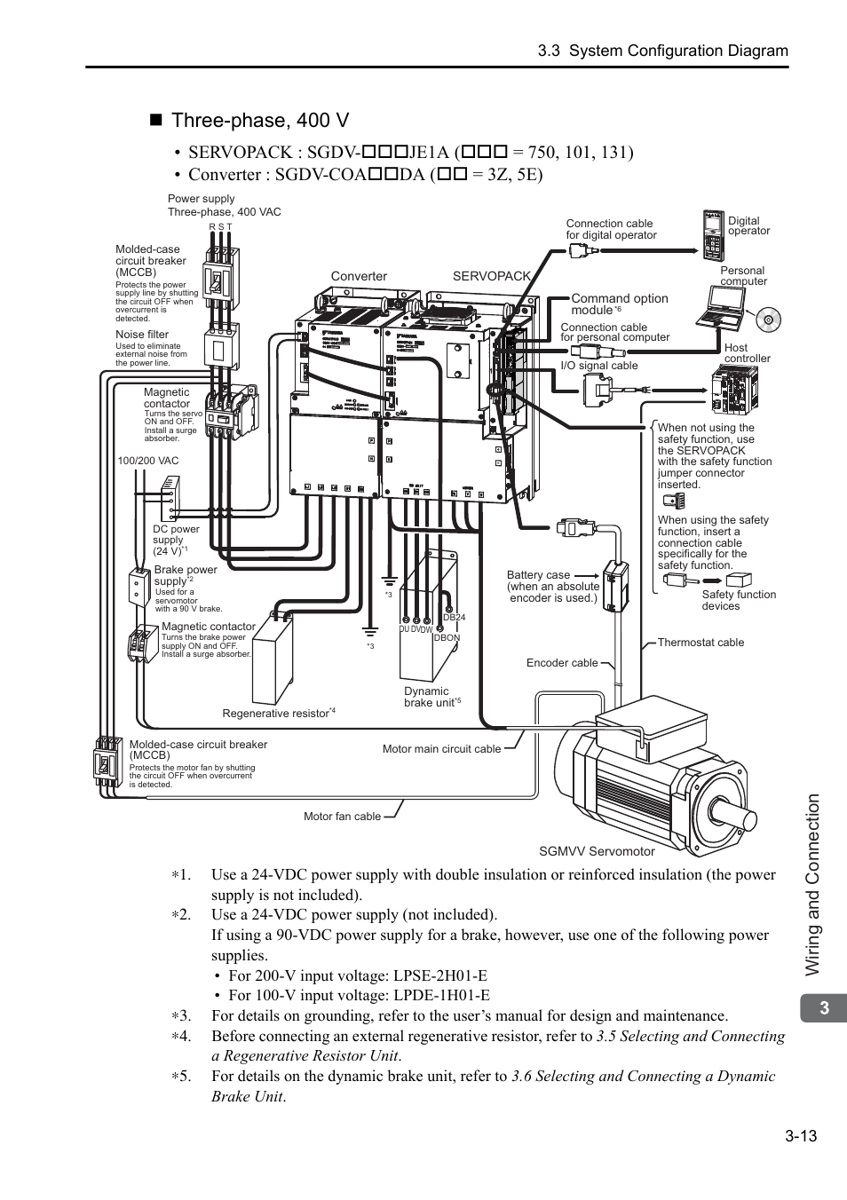 Three-phase, 400 v, Wiring and connection, 3 system configuration diagram 3-13 | Yaskawa Sigma-5 Series User Manual:: For Use with Large-Capacity Models-Setup. Rotary Motors User Manual | Page 61 / 114