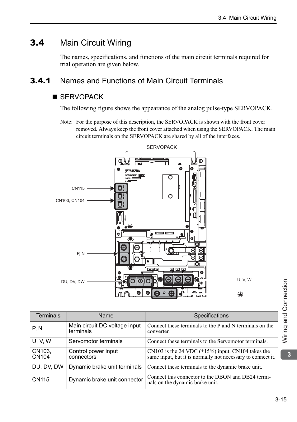 4 main circuit wiring, 1 names and functions of main circuit terminals, Servopack | Yaskawa Sigma-5 Series User Manual:: For Use with Large-Capacity Models-Setup. Rotary Motors User Manual | Page 63 / 114