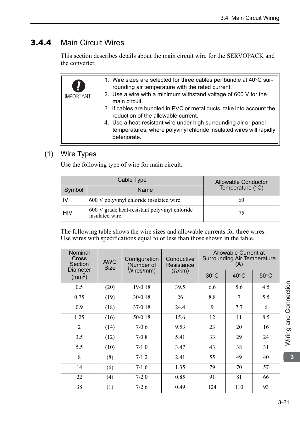4 main circuit wires, 1) wire types | Yaskawa Sigma-5 Series User Manual:: For Use with Large-Capacity Models-Setup. Rotary Motors User Manual | Page 69 / 114