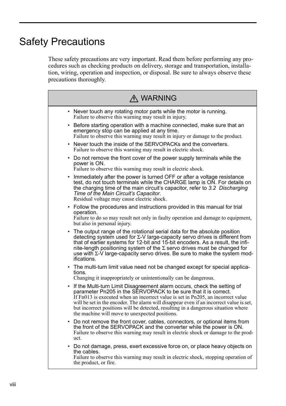 Safety precautions, Warning | Yaskawa Sigma-5 Series User Manual:: For Use with Large-Capacity Models-Setup. Rotary Motors User Manual | Page 8 / 114