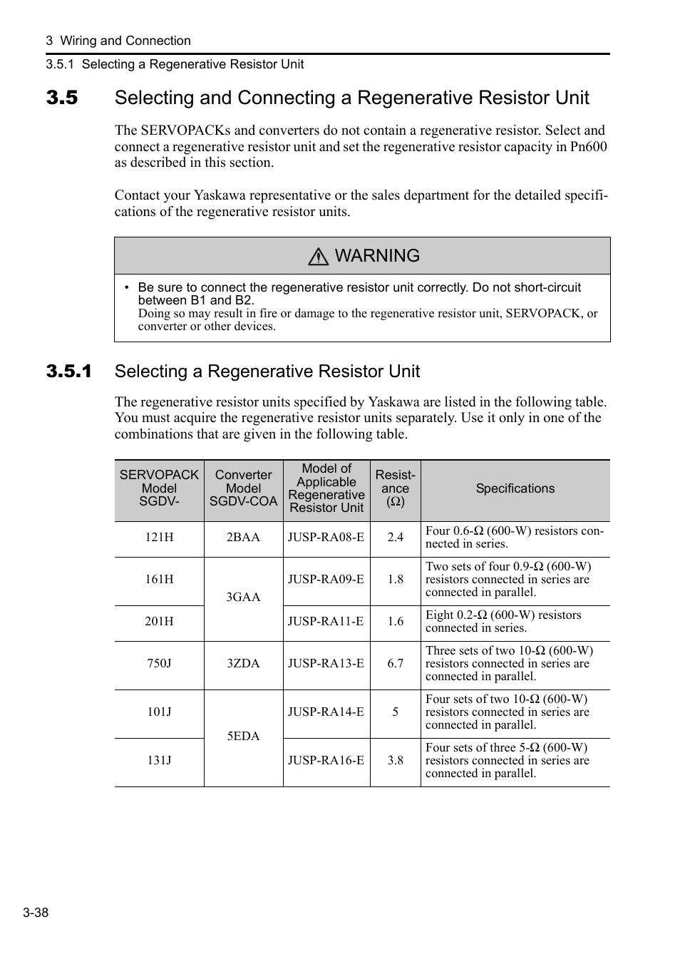 1 selecting a regenerative resistor unit, Warning | Yaskawa Sigma-5 Series User Manual:: For Use with Large-Capacity Models-Setup. Rotary Motors User Manual | Page 86 / 114