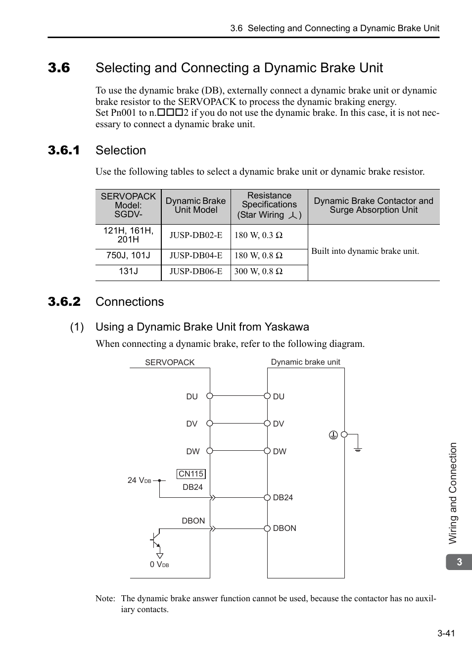 6 selecting and connecting a dynamic brake unit, 1 selection, 2 connections | 1) using a dynamic brake unit from yaskawa | Yaskawa Sigma-5 Series User Manual:: For Use with Large-Capacity Models-Setup. Rotary Motors User Manual | Page 89 / 114