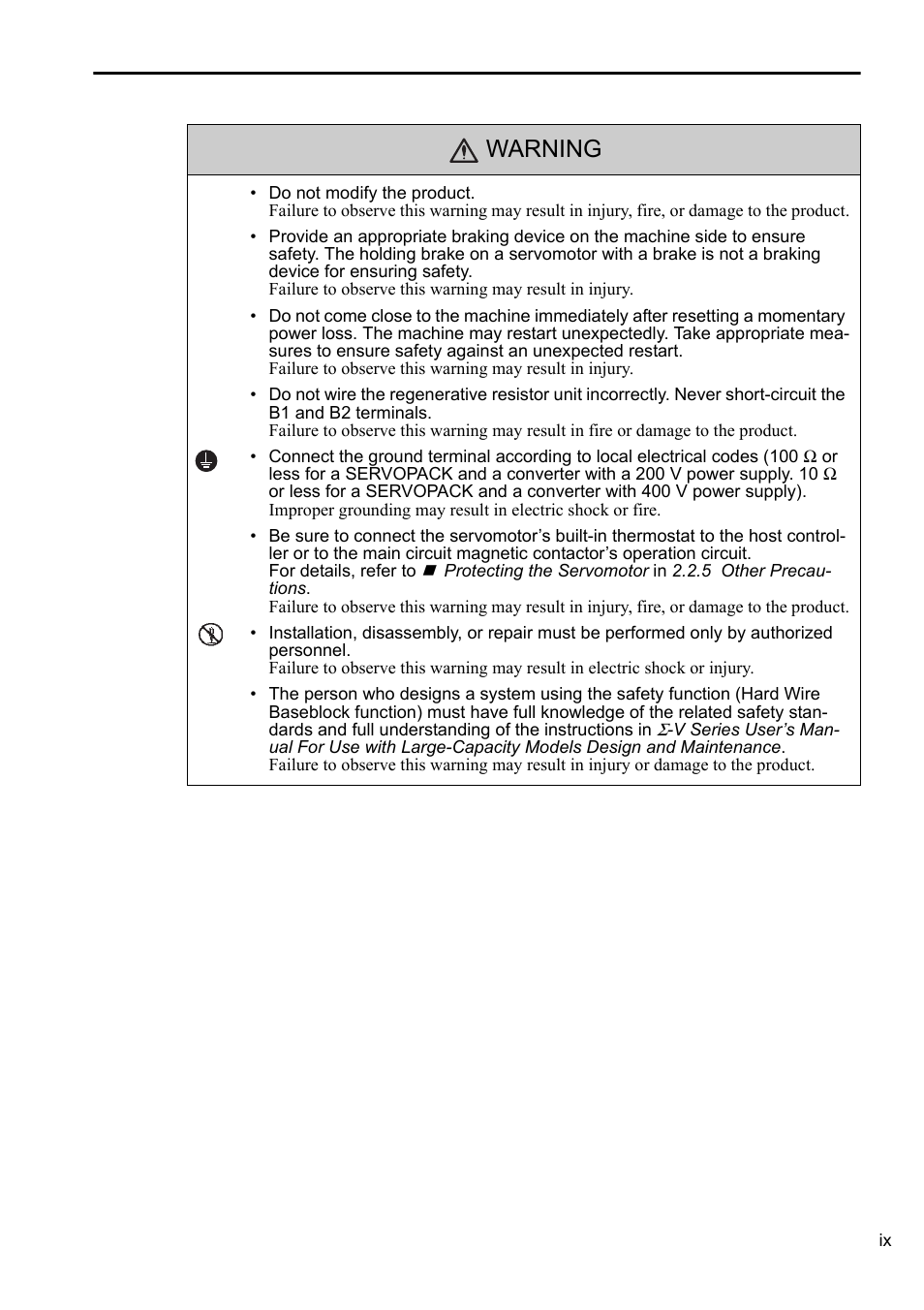 Warning | Yaskawa Sigma-5 Series User Manual:: For Use with Large-Capacity Models-Setup. Rotary Motors User Manual | Page 9 / 114