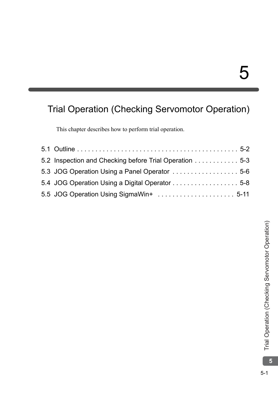 5 trial operation (checking servomotor operation), Trial operation (checking servomotor operation) | Yaskawa Sigma-5 Series User Manual:: For Use with Large-Capacity Models-Setup. Rotary Motors User Manual | Page 98 / 114