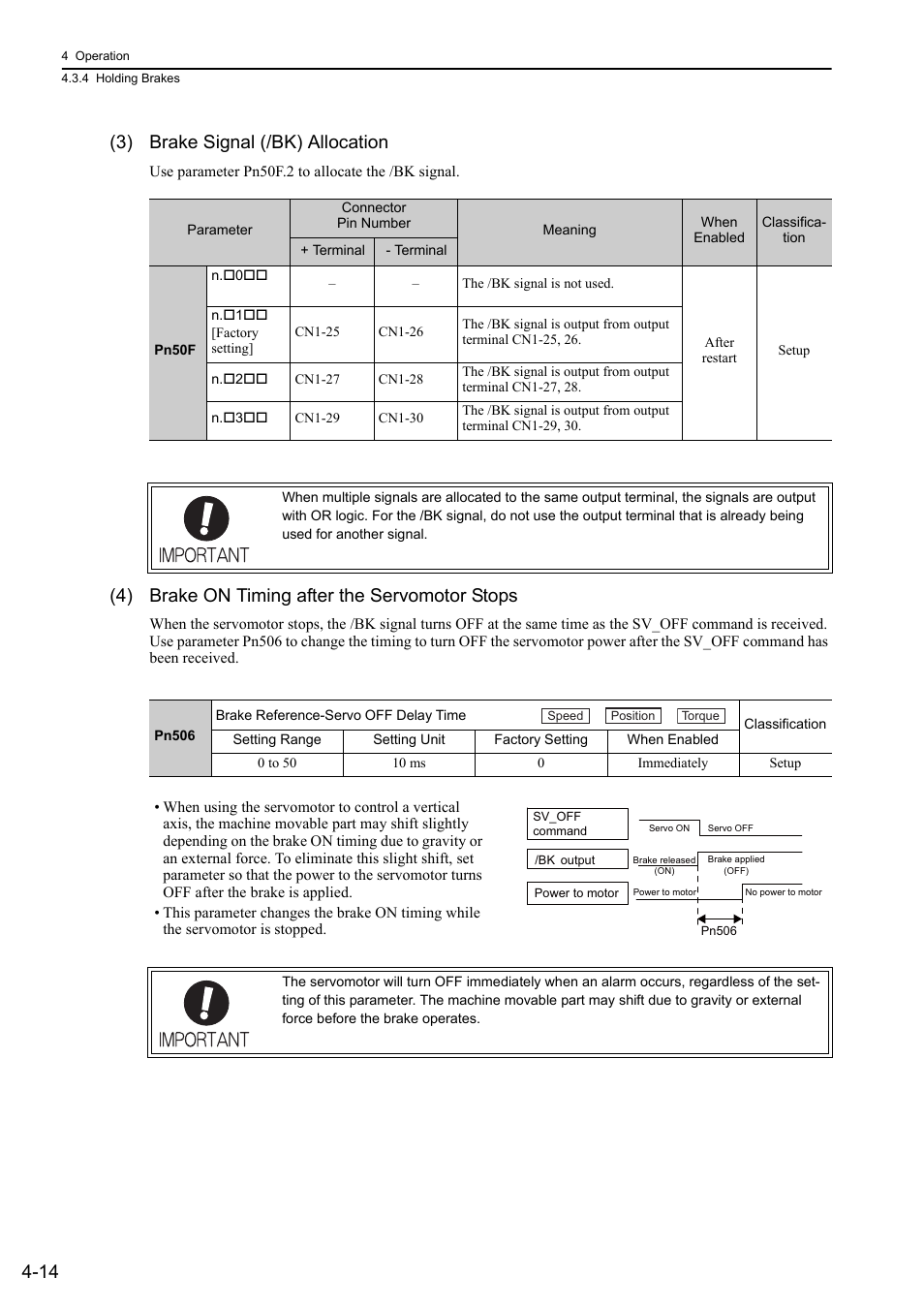 14 (3) brake signal (/bk) allocation, 4) brake on timing after the servomotor stops, Mecha | Yaskawa Sigma-5 Large Capacity Users Manual: Design and Maintenance-Rotary Motors-Mechatrolink-II Communication Reference User Manual | Page 110 / 390