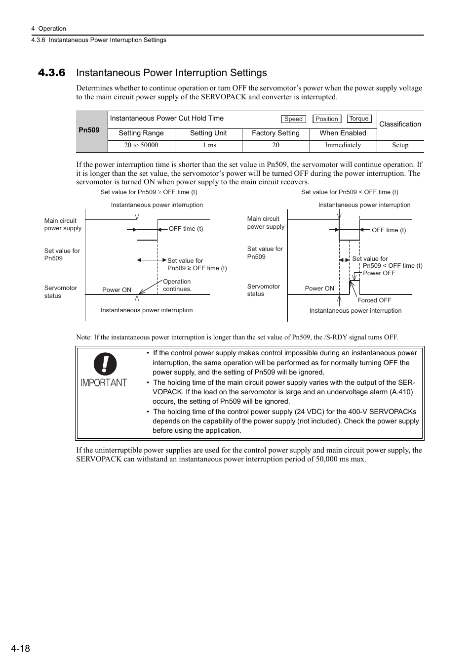 6 instantaneous power interruption settings | Yaskawa Sigma-5 Large Capacity Users Manual: Design and Maintenance-Rotary Motors-Mechatrolink-II Communication Reference User Manual | Page 114 / 390
