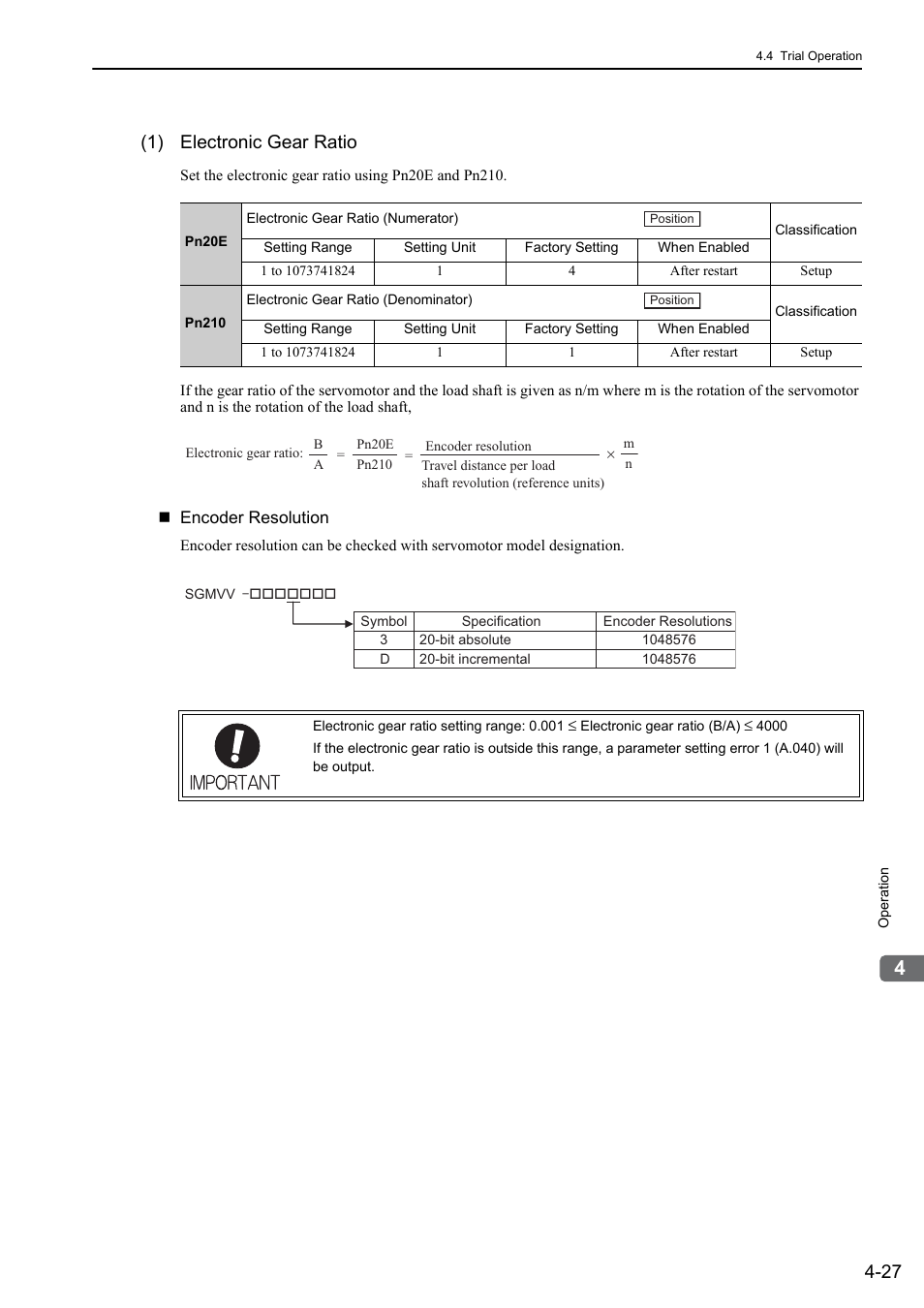 1) electronic gear ratio, Rotation | Yaskawa Sigma-5 Large Capacity Users Manual: Design and Maintenance-Rotary Motors-Mechatrolink-II Communication Reference User Manual | Page 123 / 390