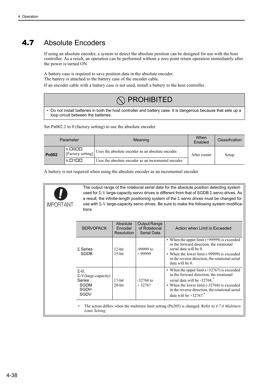 7 absolute encoders, Prohibited | Yaskawa Sigma-5 Large Capacity Users Manual: Design and Maintenance-Rotary Motors-Mechatrolink-II Communication Reference User Manual | Page 134 / 390