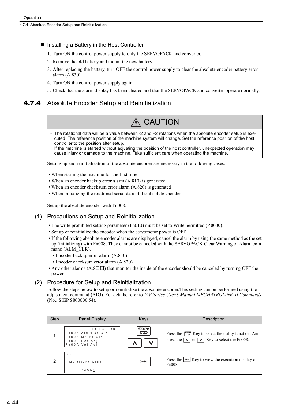 4 absolute encoder setup and reinitialization, Caution, 1) precautions on setup and reinitialization | 2) procedure for setup and reinitialization | Yaskawa Sigma-5 Large Capacity Users Manual: Design and Maintenance-Rotary Motors-Mechatrolink-II Communication Reference User Manual | Page 140 / 390
