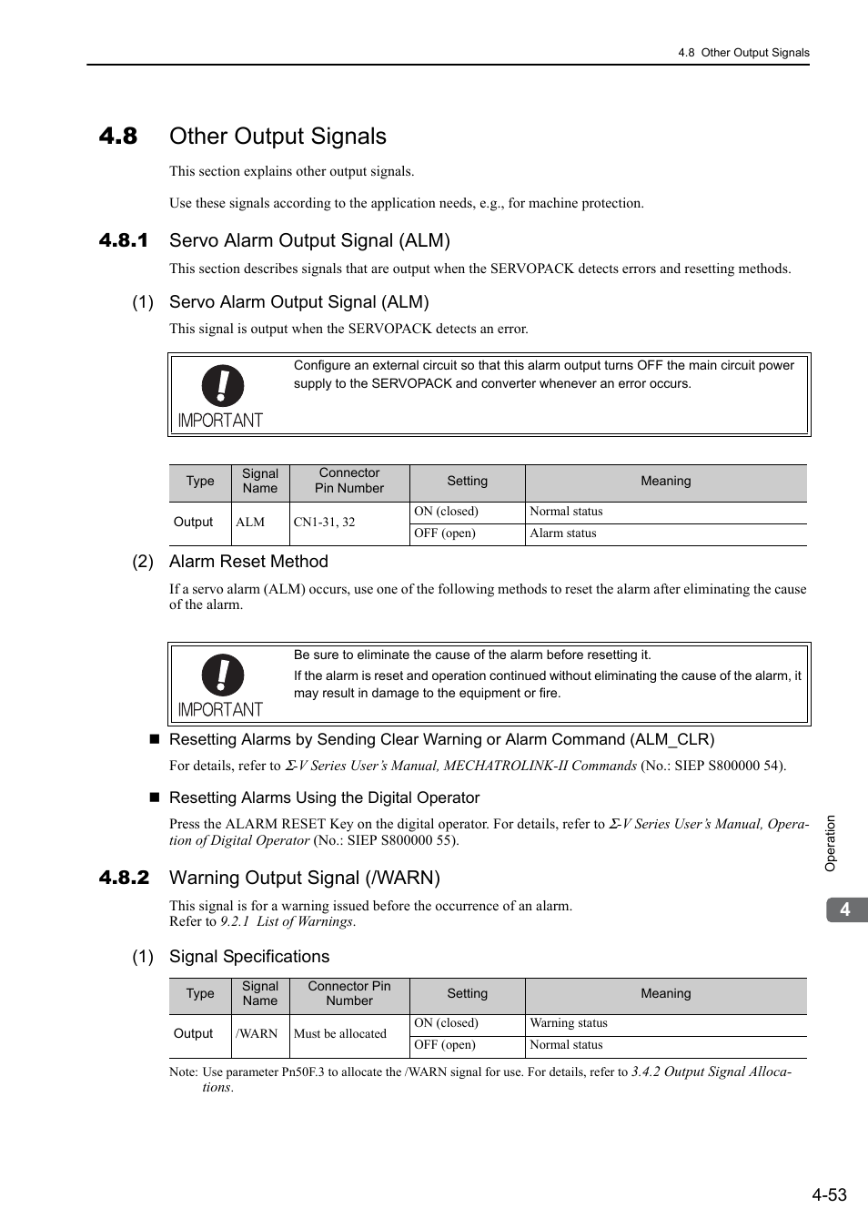 8 other output signals, 1 servo alarm output signal (alm), 2 warning output signal (/warn) | 1) servo alarm output signal (alm), 2) alarm reset method, 1) signal specifications | Yaskawa Sigma-5 Large Capacity Users Manual: Design and Maintenance-Rotary Motors-Mechatrolink-II Communication Reference User Manual | Page 149 / 390