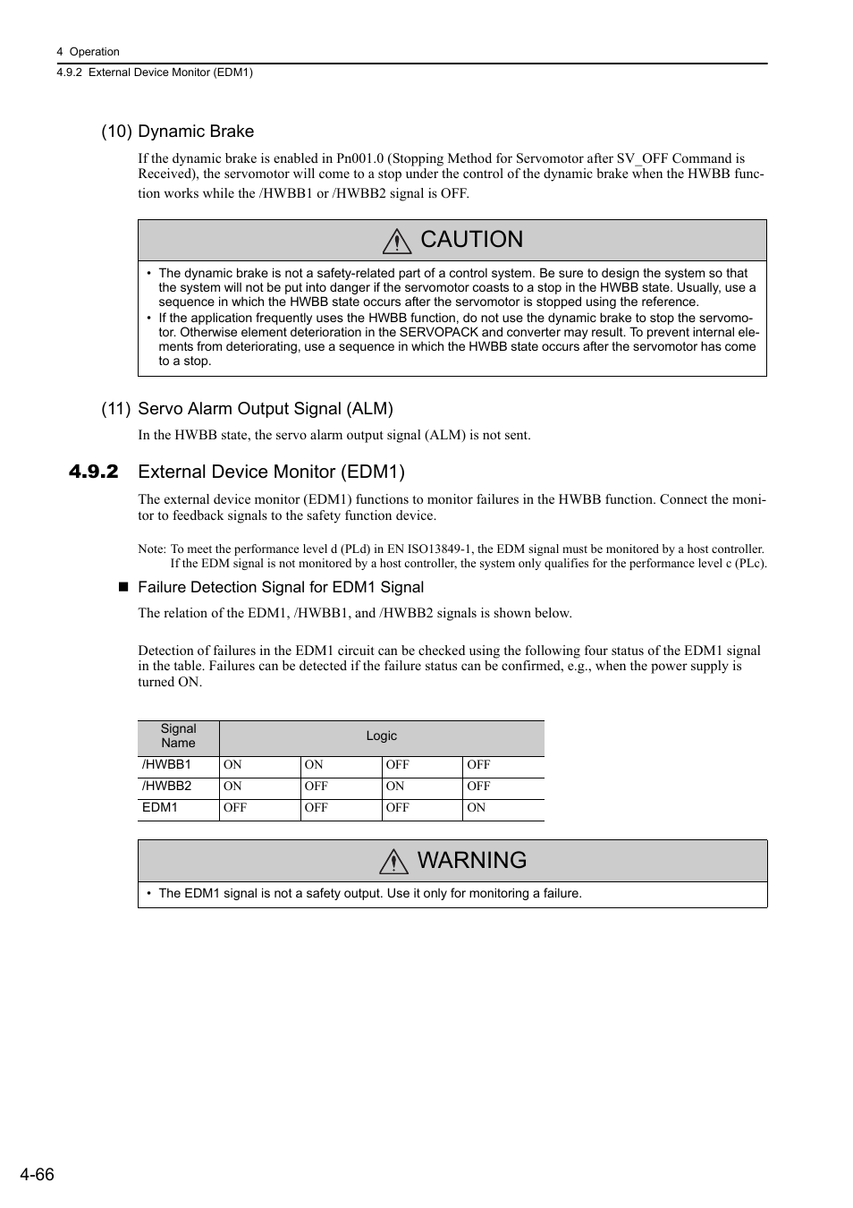 2 external device monitor (edm1), Caution, Warning | 66 (10) dynamic brake, 11) servo alarm output signal (alm) | Yaskawa Sigma-5 Large Capacity Users Manual: Design and Maintenance-Rotary Motors-Mechatrolink-II Communication Reference User Manual | Page 162 / 390