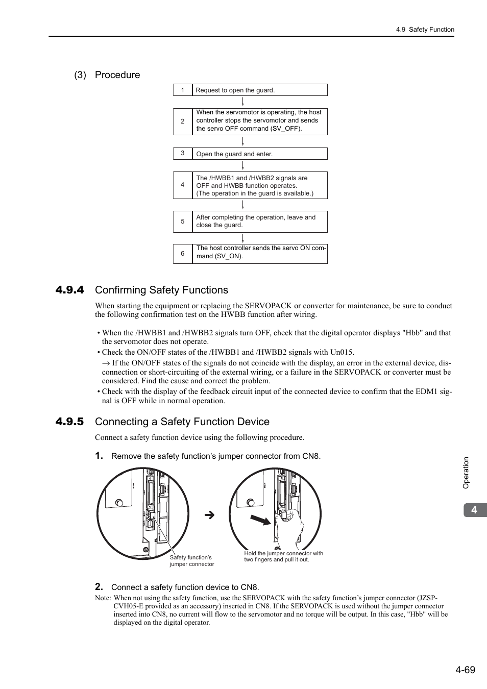 4 confirming safety functions, 5 connecting a safety function device, 3) procedure | M-ii | Yaskawa Sigma-5 Large Capacity Users Manual: Design and Maintenance-Rotary Motors-Mechatrolink-II Communication Reference User Manual | Page 165 / 390