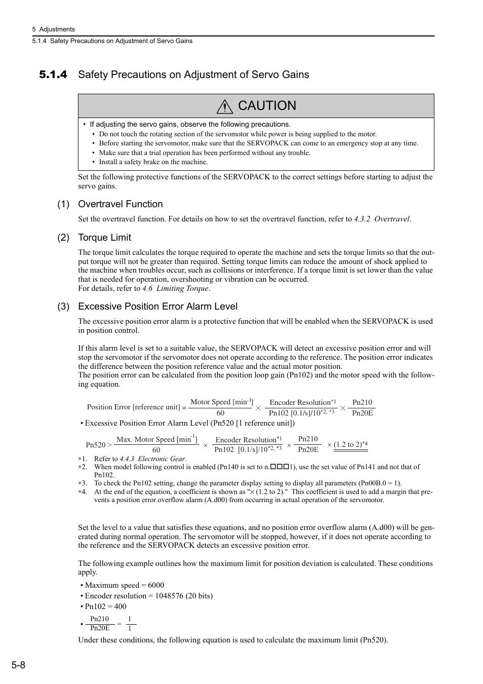 4 safety precautions on adjustment of servo gains, Caution, 1) overtravel function | 2) torque limit, 3) excessive position error alarm level, Rotation | Yaskawa Sigma-5 Large Capacity Users Manual: Design and Maintenance-Rotary Motors-Mechatrolink-II Communication Reference User Manual | Page 174 / 390