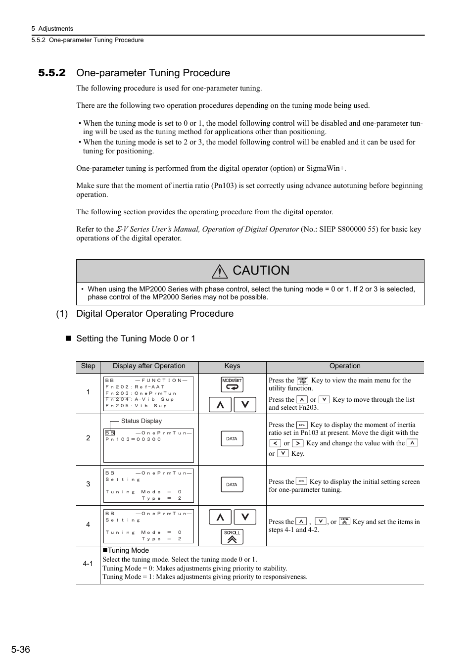 2 one-parameter tuning procedure, Caution, 1) digital operator operating procedure | Yaskawa Sigma-5 Large Capacity Users Manual: Design and Maintenance-Rotary Motors-Mechatrolink-II Communication Reference User Manual | Page 202 / 390