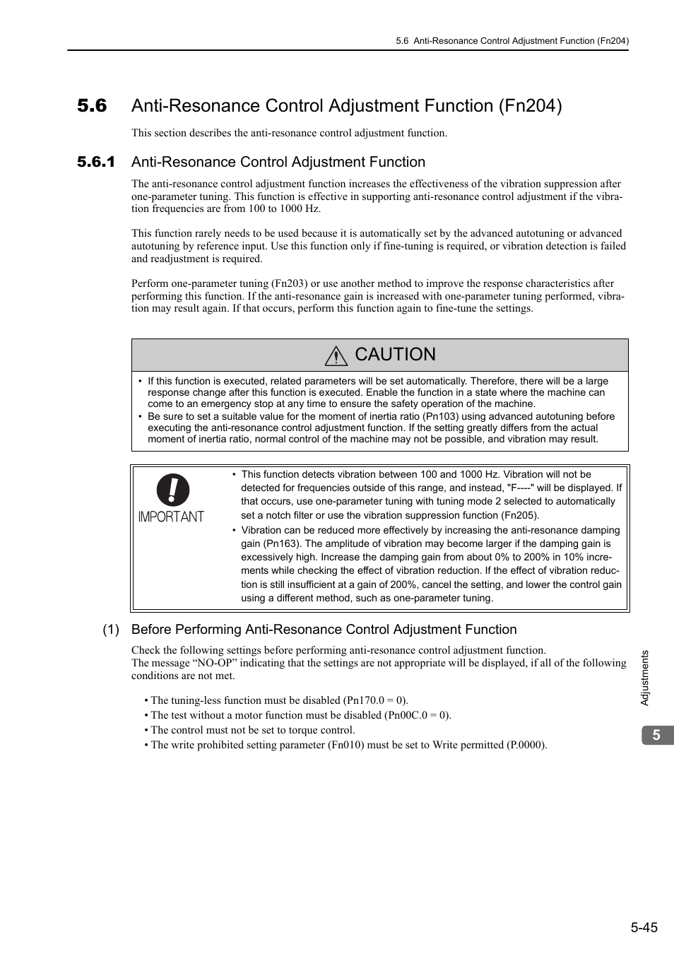 1 anti-resonance control adjustment function, Caution | Yaskawa Sigma-5 Large Capacity Users Manual: Design and Maintenance-Rotary Motors-Mechatrolink-II Communication Reference User Manual | Page 211 / 390