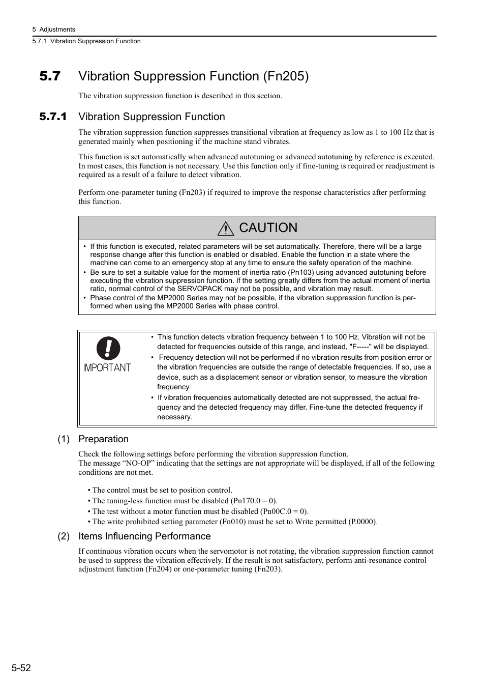 7 vibration suppression function (fn205), 1 vibration suppression function, Caution | 1) preparation, 2) items influencing performance | Yaskawa Sigma-5 Large Capacity Users Manual: Design and Maintenance-Rotary Motors-Mechatrolink-II Communication Reference User Manual | Page 218 / 390