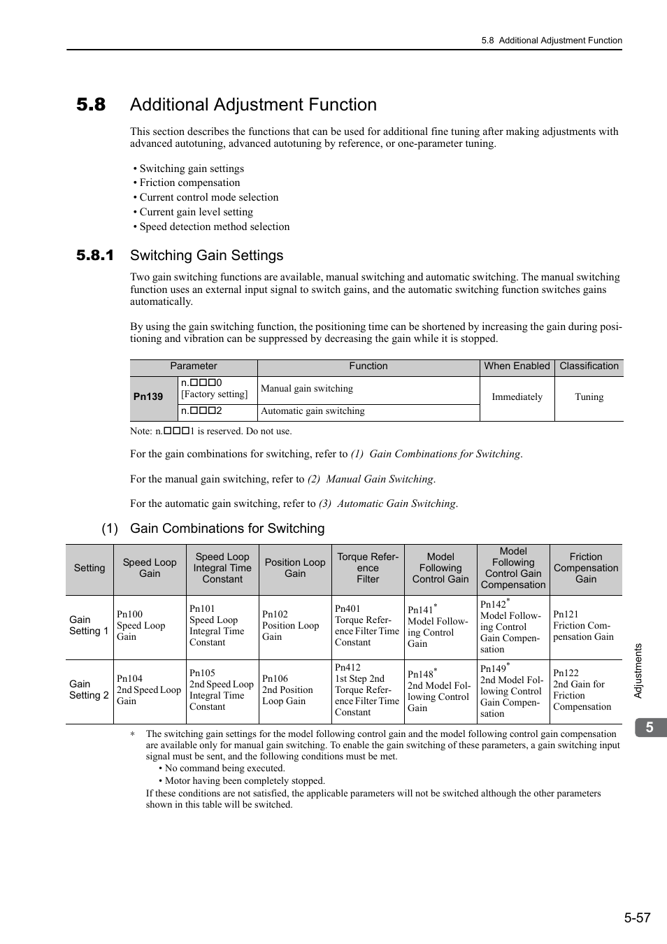 8 additional adjustment function, 1 switching gain settings, 1) gain combinations for switching | Yaskawa Sigma-5 Large Capacity Users Manual: Design and Maintenance-Rotary Motors-Mechatrolink-II Communication Reference User Manual | Page 223 / 390