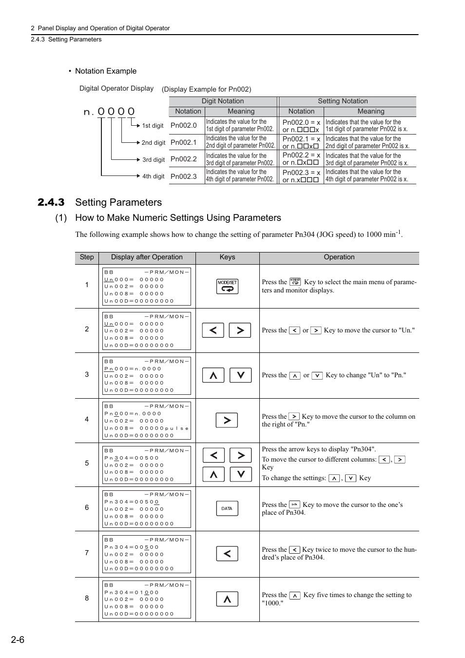 3 setting parameters, 1) how to make numeric settings using parameters, Mecha | Yaskawa Sigma-5 Large Capacity Users Manual: Design and Maintenance-Rotary Motors-Mechatrolink-II Communication Reference User Manual | Page 44 / 390