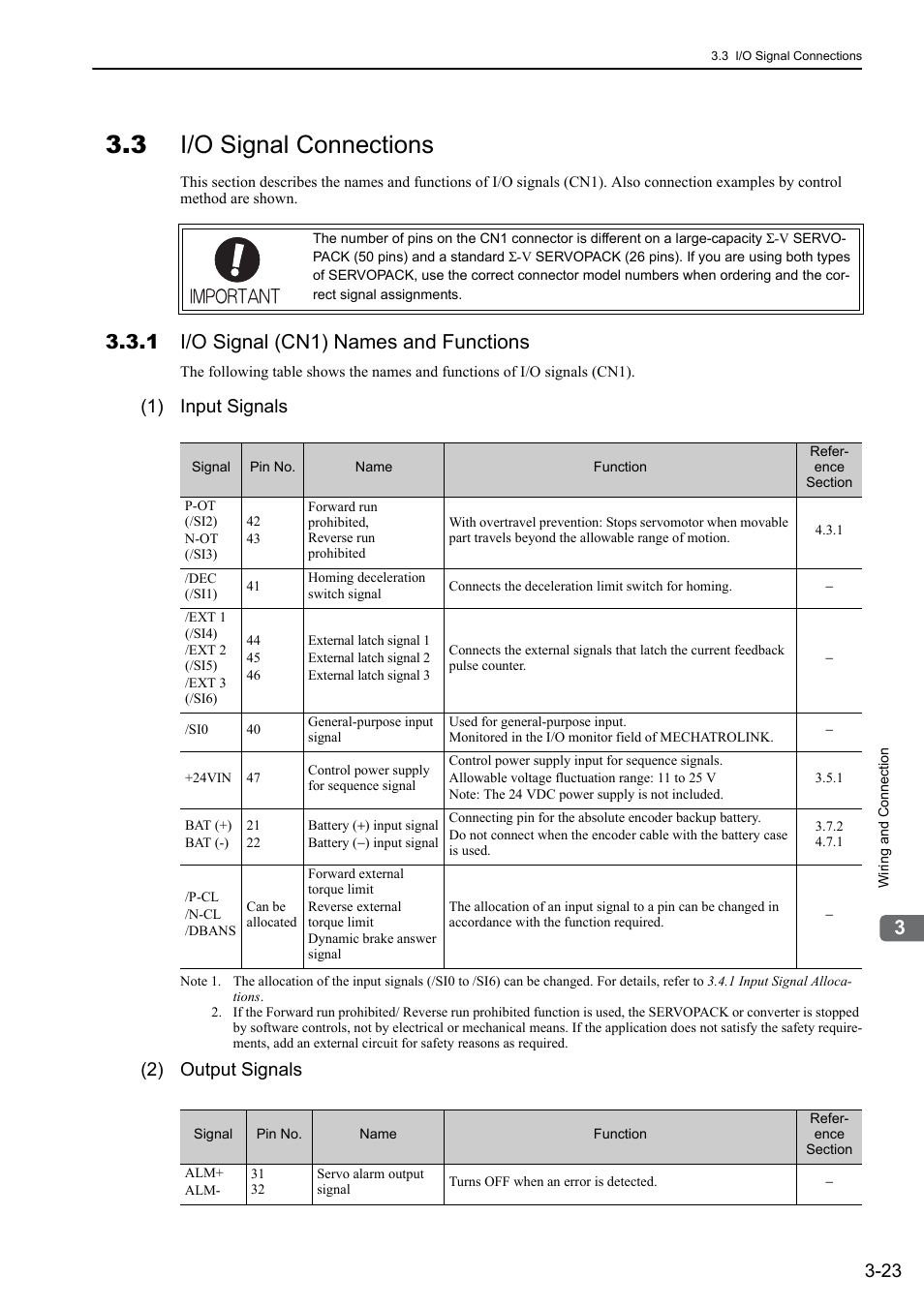 3 i/o signal connections, 1 i/o signal (cn1) names and functions, 1) input signals | 2) output signals | Yaskawa Sigma-5 Large Capacity Users Manual: Design and Maintenance-Rotary Motors-Mechatrolink-II Communication Reference User Manual | Page 69 / 390