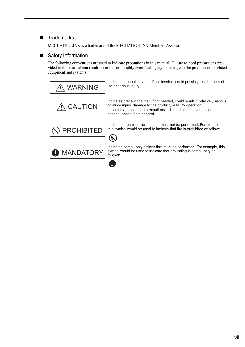 Warning caution prohibited mandatory | Yaskawa Sigma-5 Large Capacity Users Manual: Design and Maintenance-Rotary Motors-Mechatrolink-II Communication Reference User Manual | Page 7 / 390