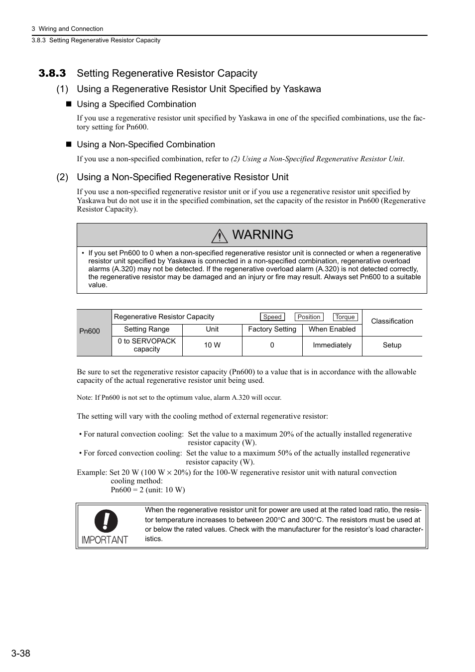 3 setting regenerative resistor capacity, Warning | Yaskawa Sigma-5 Large Capacity Users Manual: Design and Maintenance-Rotary Motors-Mechatrolink-II Communication Reference User Manual | Page 84 / 390