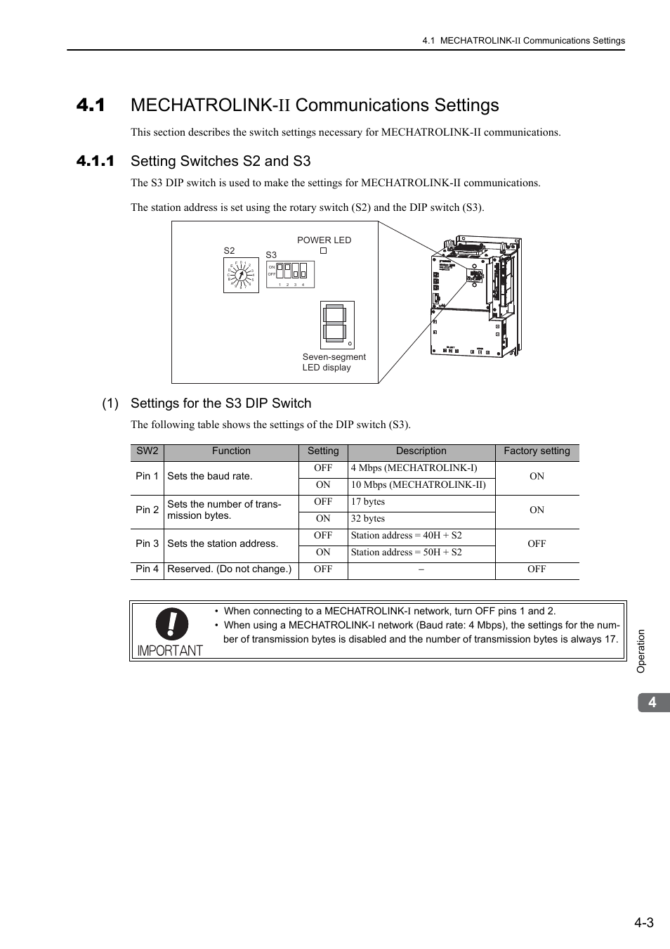 1 mechatrolink-ii communications settings, 1 setting switches s2 and s3, 1) settings for the s3 dip switch | M-ii | Yaskawa Sigma-5 Large Capacity Users Manual: Design and Maintenance-Rotary Motors-Mechatrolink-II Communication Reference User Manual | Page 99 / 390