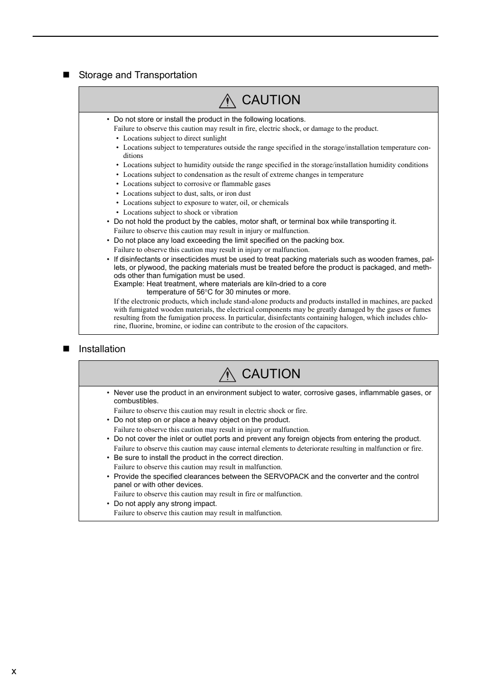 Caution, Xstorage and transportation installation | Yaskawa Sigma-5 Large Capacity Users Manual: Design and Maintenance-Rotary Motors-Mechatrolink-III Communication Reference User Manual | Page 10 / 410