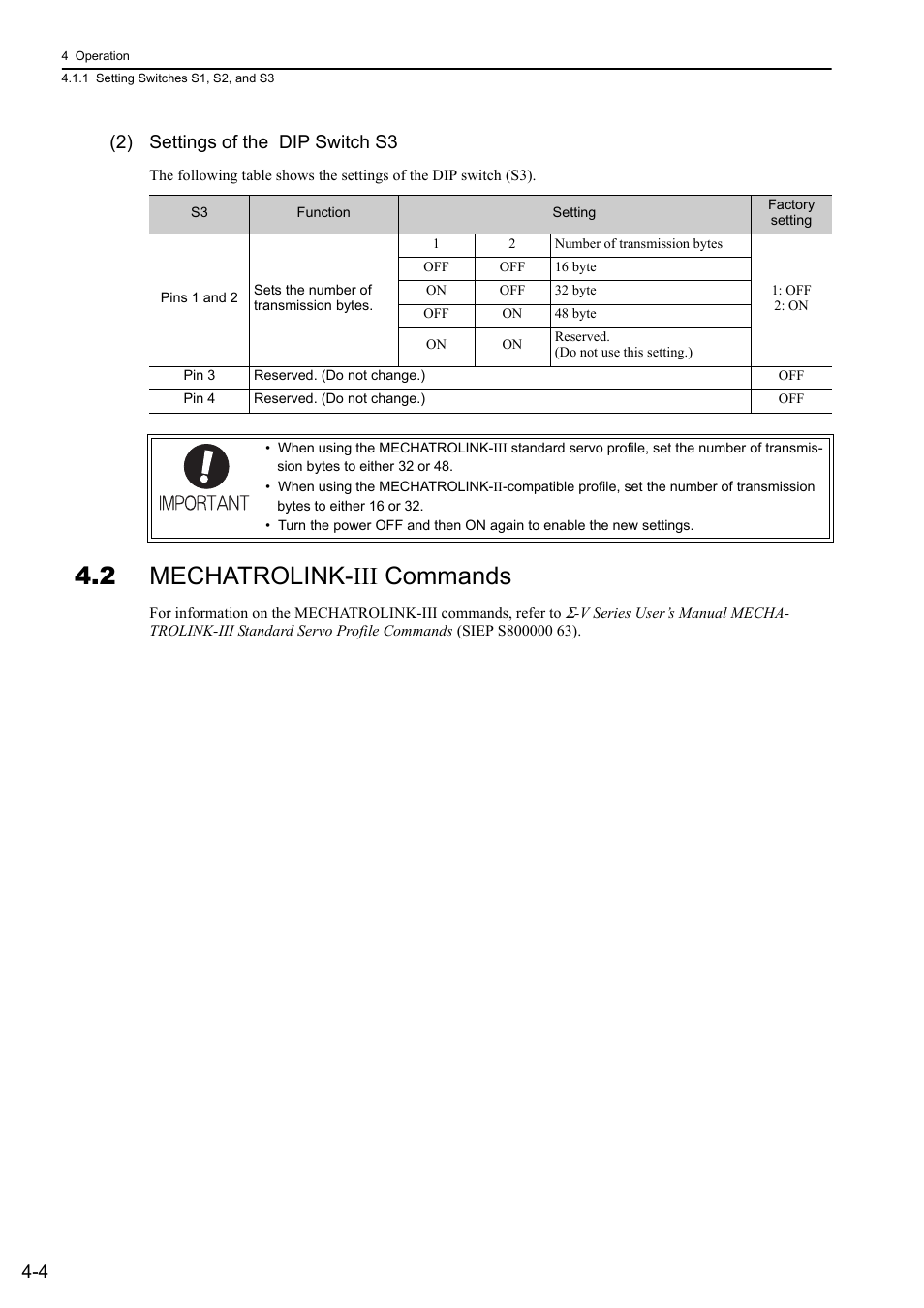 2 mechatrolink-iii commands, 4 (2) settings of the dip switch s3 | Yaskawa Sigma-5 Large Capacity Users Manual: Design and Maintenance-Rotary Motors-Mechatrolink-III Communication Reference User Manual | Page 100 / 410